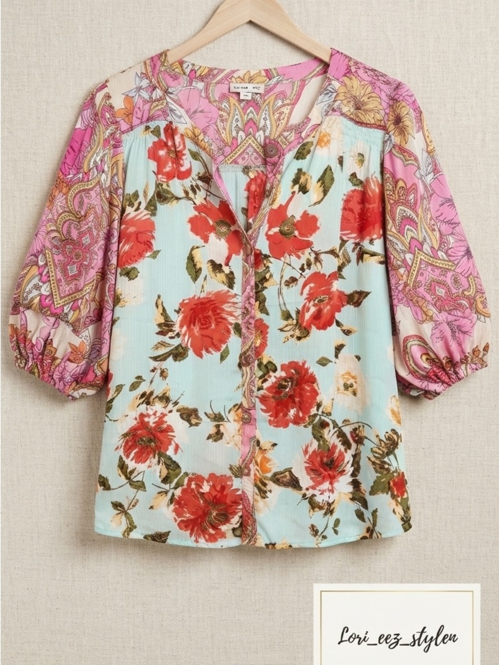 Sag and Fig Floral Patchwork Peasant Blouse in Aqua and Pink